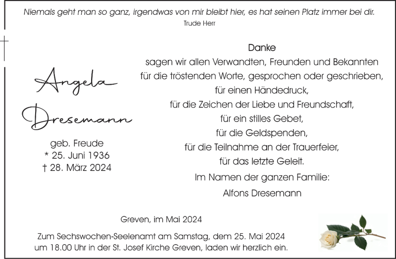  Traueranzeige für Angela Dresemann vom 18.05.2024 aus 