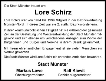 Anzeige von Lore Schirz 