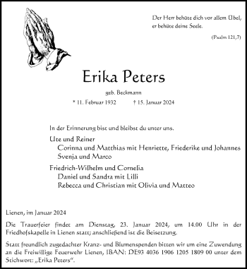 Anzeige von Erika Peters 