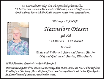 Anzeige von Hannelore Diesen 