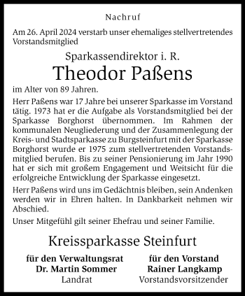 Anzeige von Theodor Paßens 