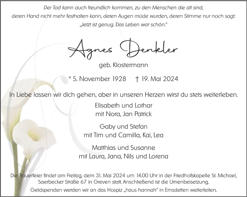  Traueranzeige für Agnes Denkler vom 25.05.2024 aus 