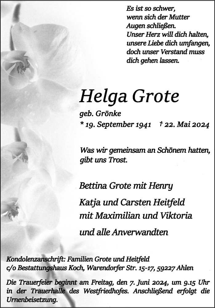  Traueranzeige für Helga Grote vom 25.05.2024 aus 