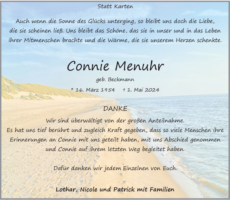  Traueranzeige für Connie Menuhr vom 25.05.2024 aus 