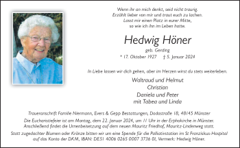 Anzeige von Hedwig Höner 