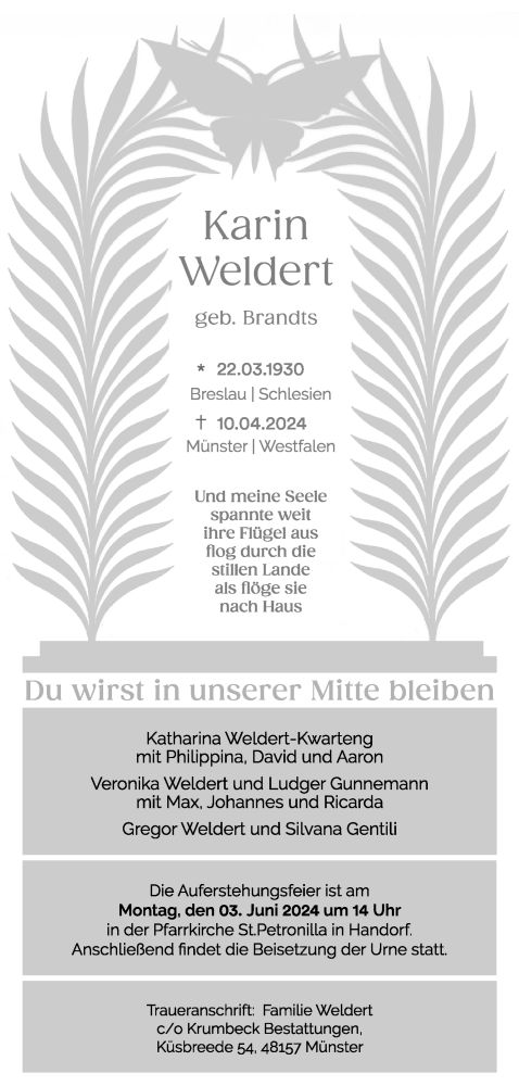  Traueranzeige für Karin Weldert vom 11.05.2024 aus 