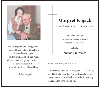 Anzeige von Margret Kujack 