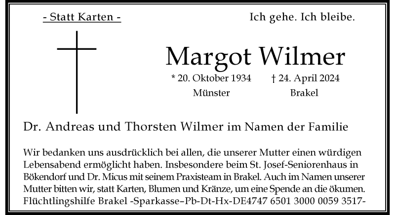  Traueranzeige für Margot Wilmer vom 11.05.2024 aus 