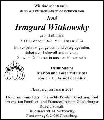Anzeige von Irmgard Wittkowsky 