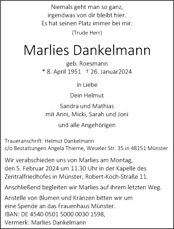 Anzeige von Marlies Dankelmann 