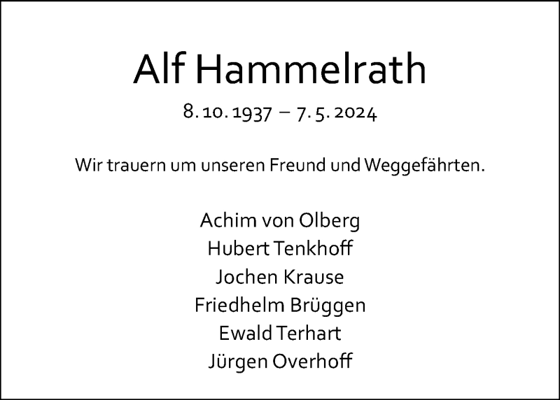  Traueranzeige für Alf Hammelrath vom 22.05.2024 aus 