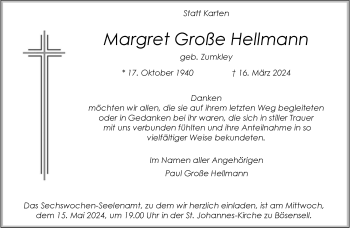 Anzeige von Margret Große Hellmann 
