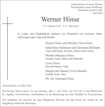 Anzeige von Werner Hinse 