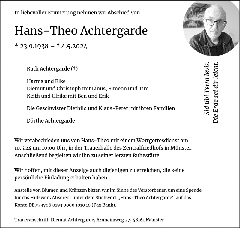  Traueranzeige für Hans-Theo Achtergarde vom 08.05.2024 aus 