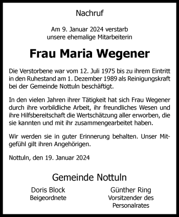 Anzeige von Maria Wegener 