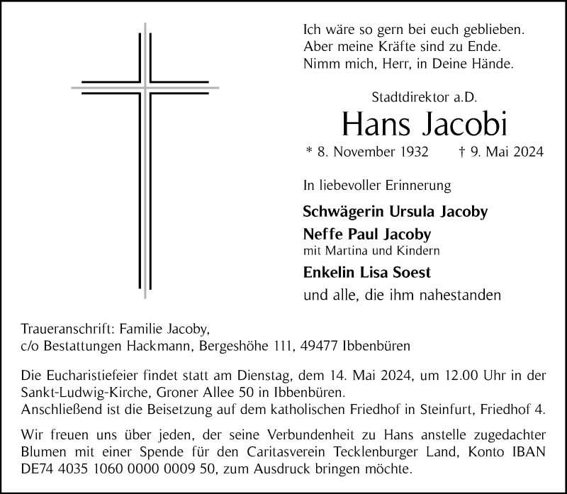  Traueranzeige für Hans Jacobi vom 11.05.2024 aus 