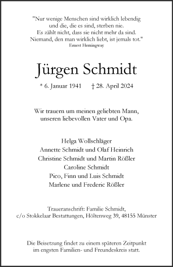 Anzeige von Jürgen Schmidt 