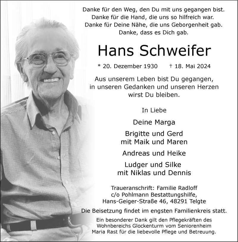  Traueranzeige für Hans Schweifer vom 25.05.2024 aus 