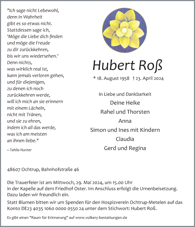  Traueranzeige für Hubert Roß vom 17.05.2024 aus 