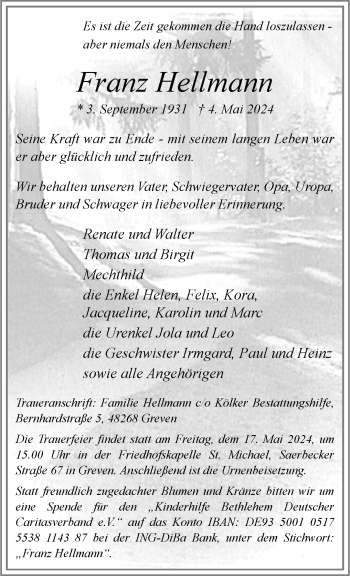 Anzeige von Franz Hellmann 