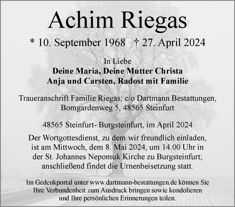  Traueranzeige für Achim Riegas vom 04.05.2024 aus 