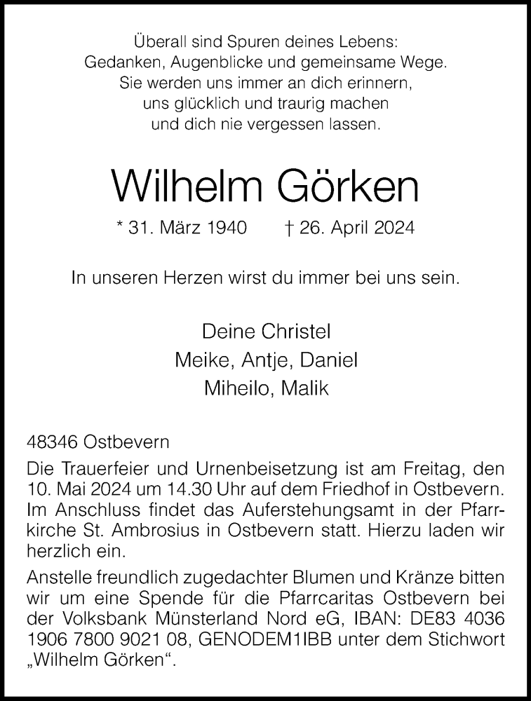  Traueranzeige für Wilhelm Görken vom 08.05.2024 aus 