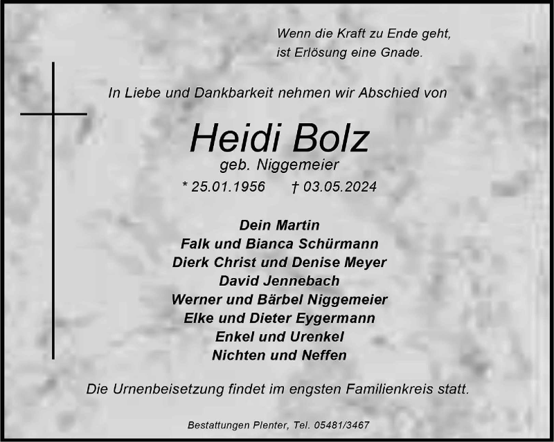  Traueranzeige für Heidi Bolz vom 11.05.2024 aus 