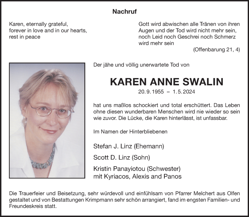  Traueranzeige für Karen Anne Swalin vom 18.05.2024 aus 