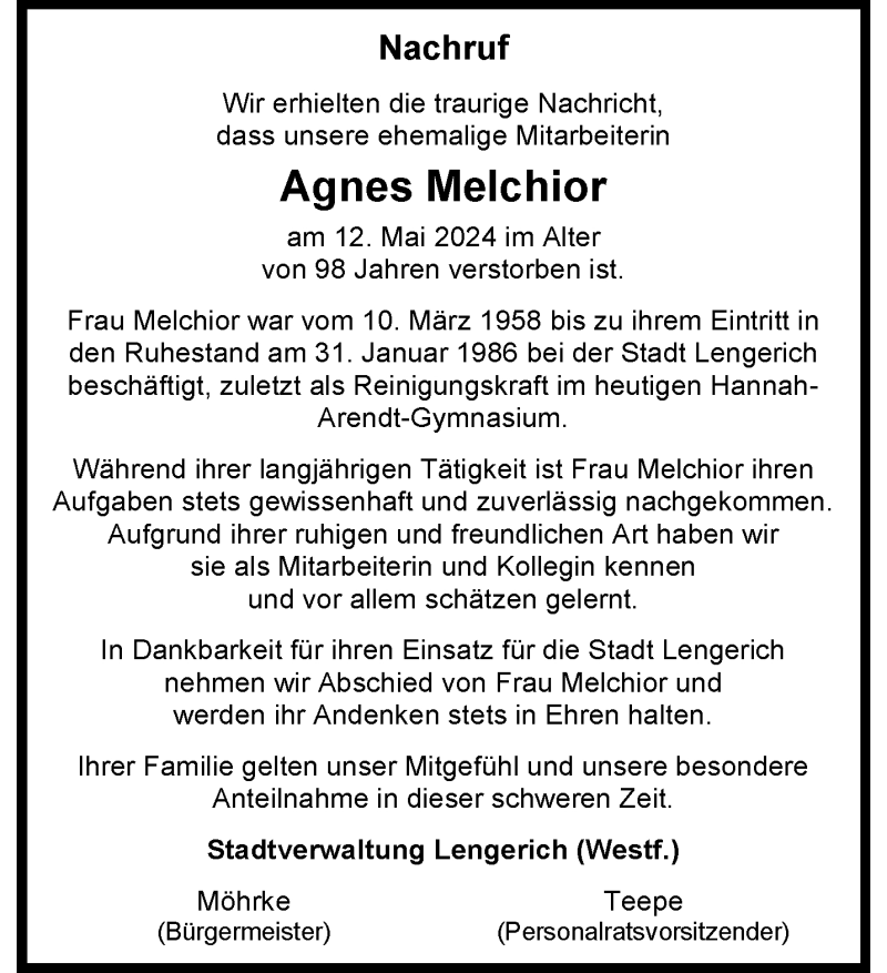  Traueranzeige für Agnes Melchior vom 29.05.2024 aus 