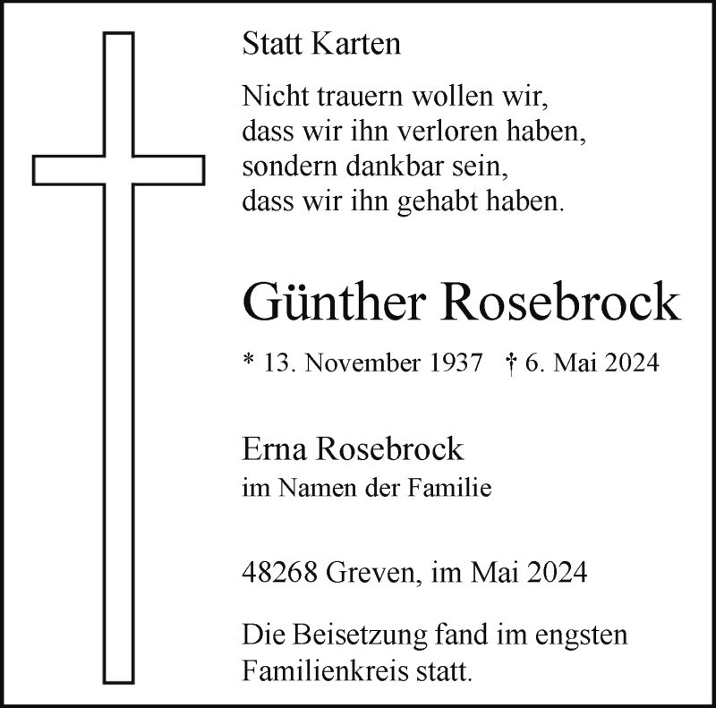  Traueranzeige für Günther Rosebrock vom 18.05.2024 aus 