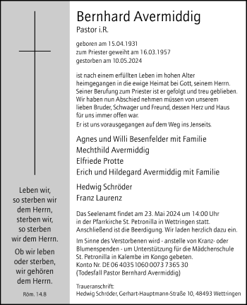 Anzeige von Bernhard Avermiddig 