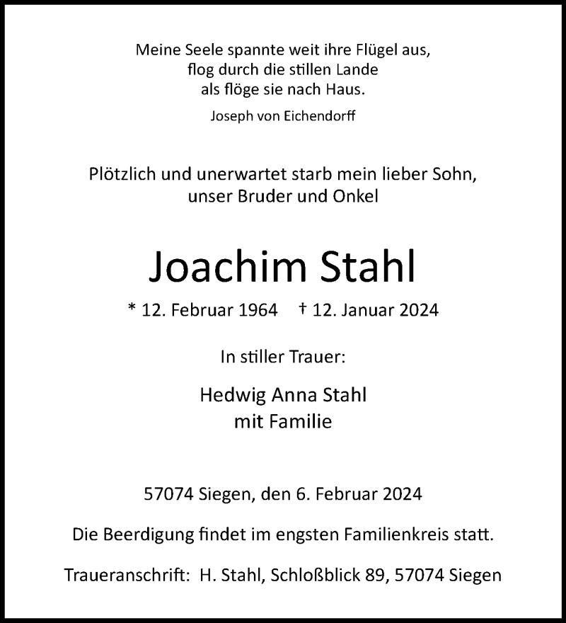  Traueranzeige für Joachim Stahl vom 06.02.2024 aus 