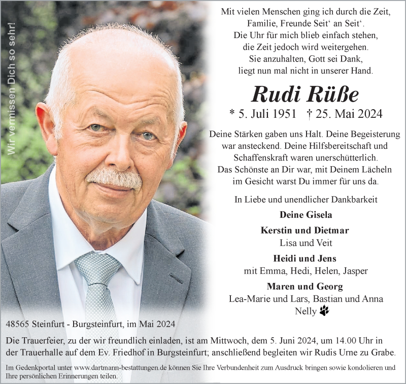  Traueranzeige für Rudi Rüße vom 29.05.2024 aus 