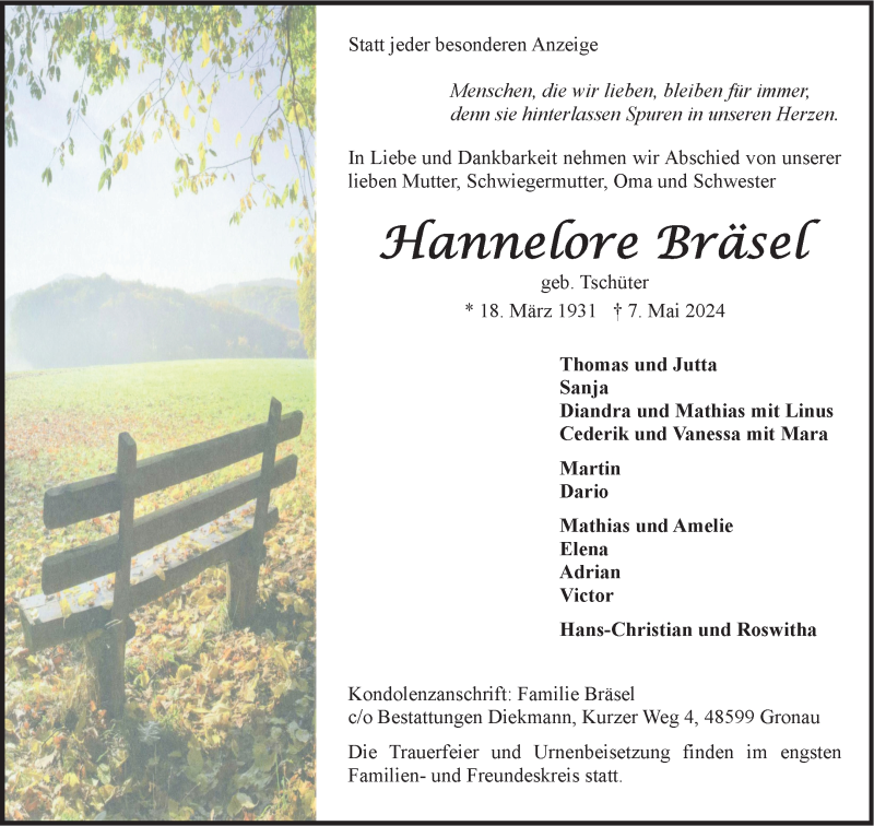  Traueranzeige für Hannelore Bräsel vom 18.05.2024 aus 