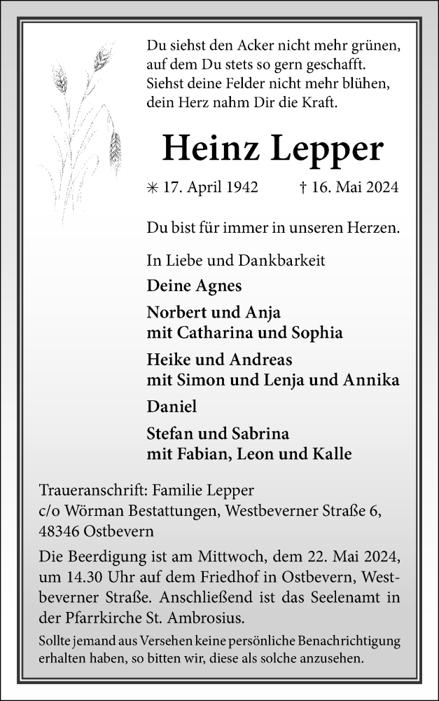  Traueranzeige für Heinz Lepper vom 18.05.2024 aus 