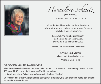 Anzeige von Hannelore Schmitz 