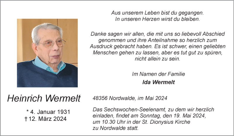  Traueranzeige für Heinrich Wermelt vom 11.05.2024 aus 