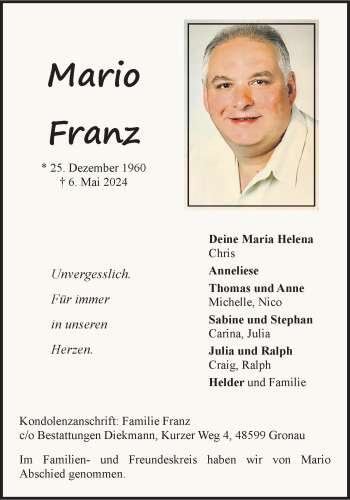 Anzeige von Mario Franz 