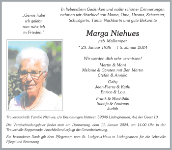 Anzeige von Marga Niehues 