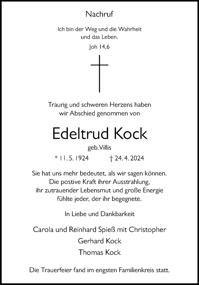  Traueranzeige für Edeltrud Kock vom 15.05.2024 aus 