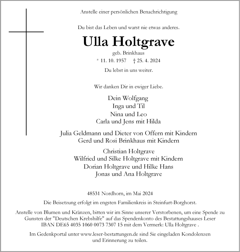  Traueranzeige für Ulla Holtgrave vom 04.05.2024 aus 