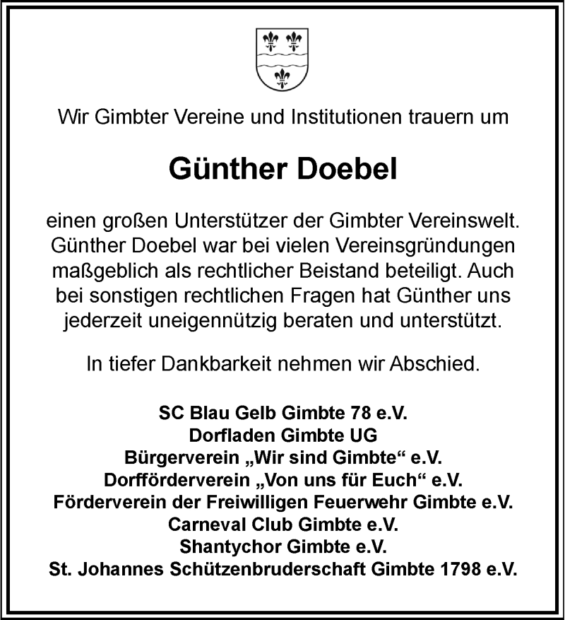 Traueranzeige für Günther Doebel vom 25.05.2024 aus 