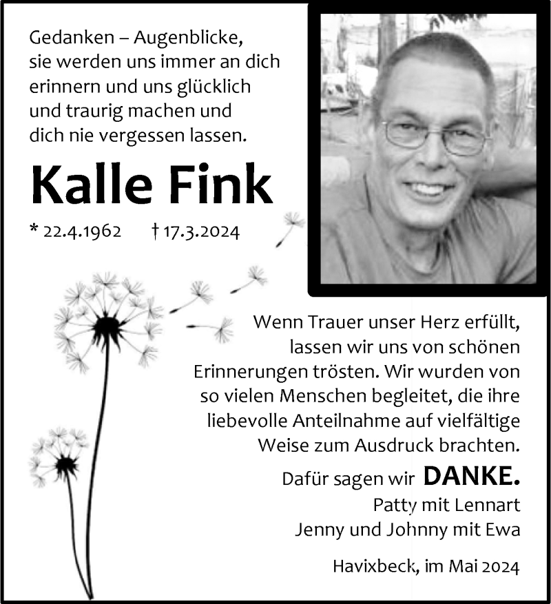  Traueranzeige für Kalle Fink vom 04.05.2024 aus 