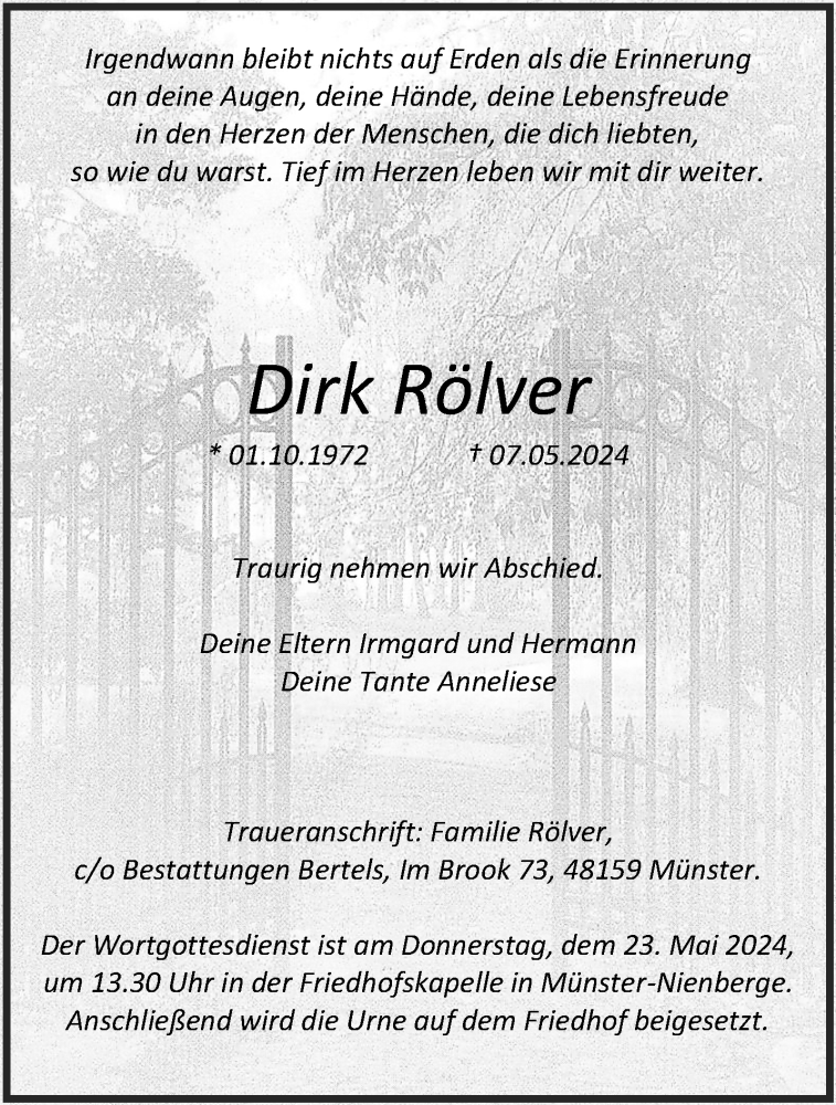  Traueranzeige für Dirk Rölver vom 22.05.2024 aus 