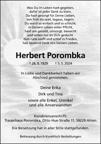 Anzeige von Herbert Porombka 