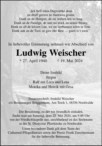 Anzeige von Ludwig Weischer 