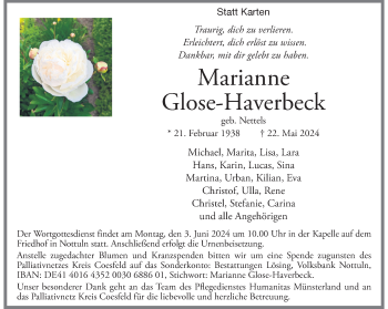 Anzeige von Marianne Glose-Haverbeck 