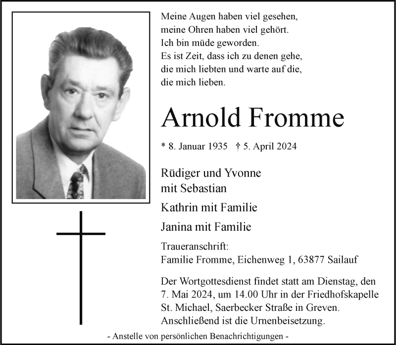  Traueranzeige für Arnold Fromme vom 04.05.2024 aus 