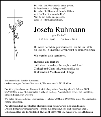 Anzeige von Josefa Ruhmann 