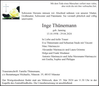 Anzeige von Inge Thünemann 
